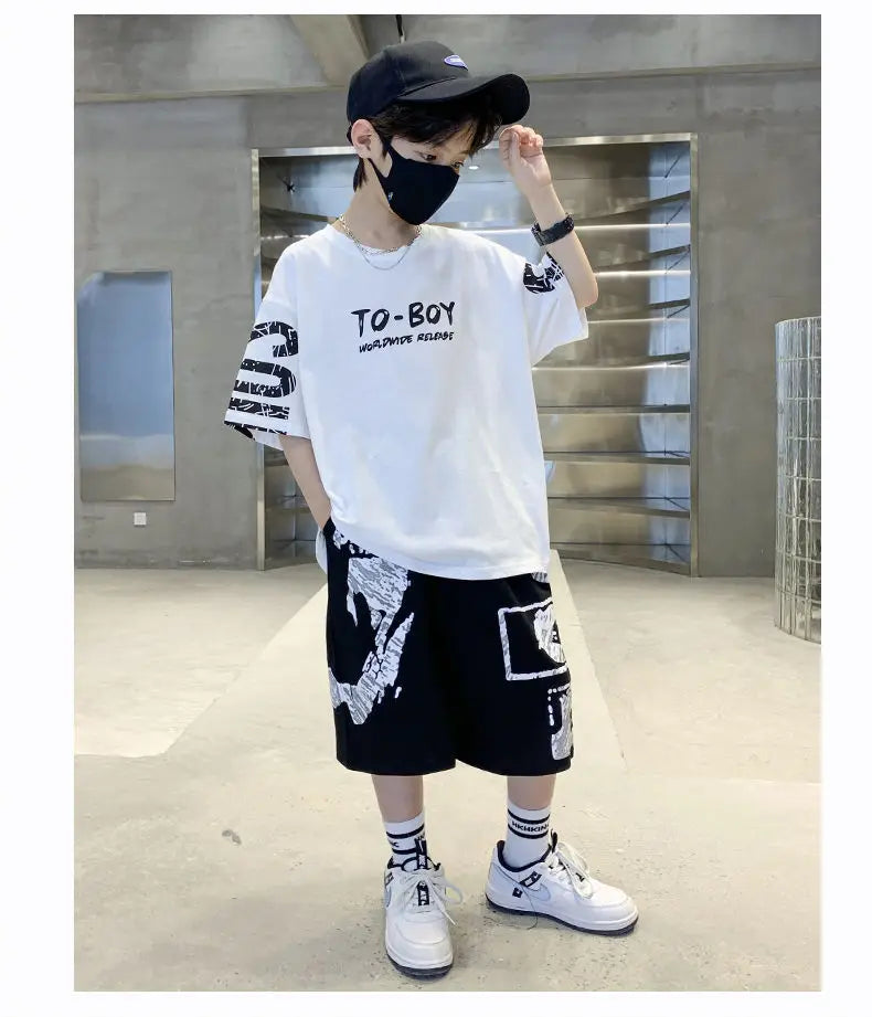 Conjunto de ropa deportiva informal para niños, camisetas de 2 piezas y pantalones, trajes de 3 a 14 años, estilo Hip Hop, moda de verano