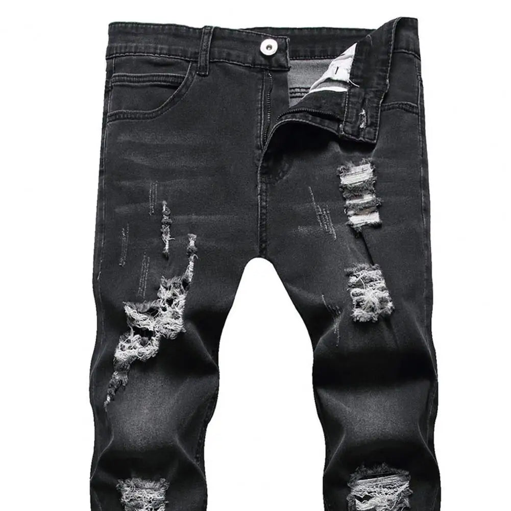 Vaqueros ajustados para hombres  Pantalones vaqueros elásticos pintados ajustados rasgados desgastados plisados hasta la rodilla pantalones casuales de marca para hombre