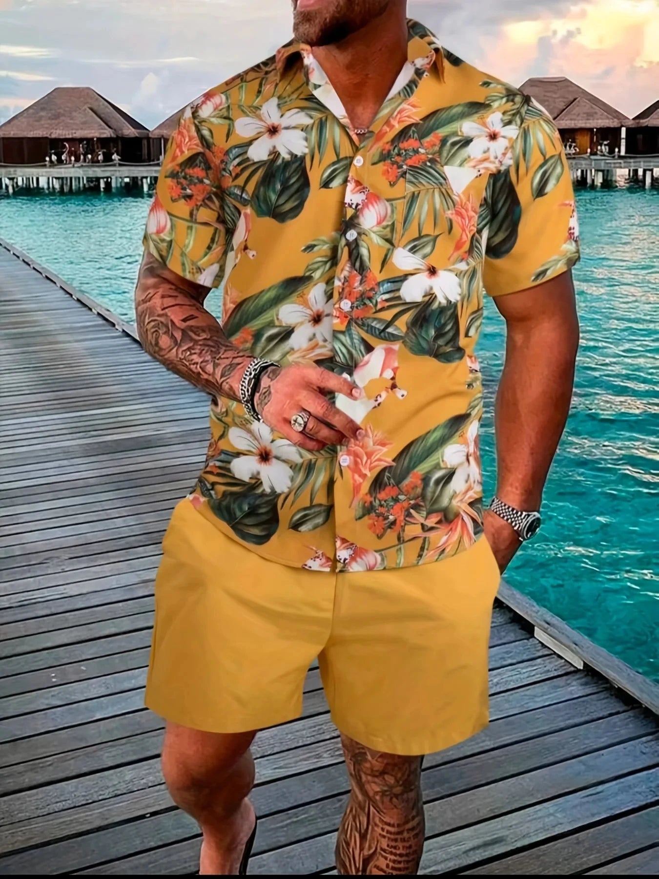Conjunto Hawaiano 3D Hombre | Camisa Solapa + Pantalón Corto Playa