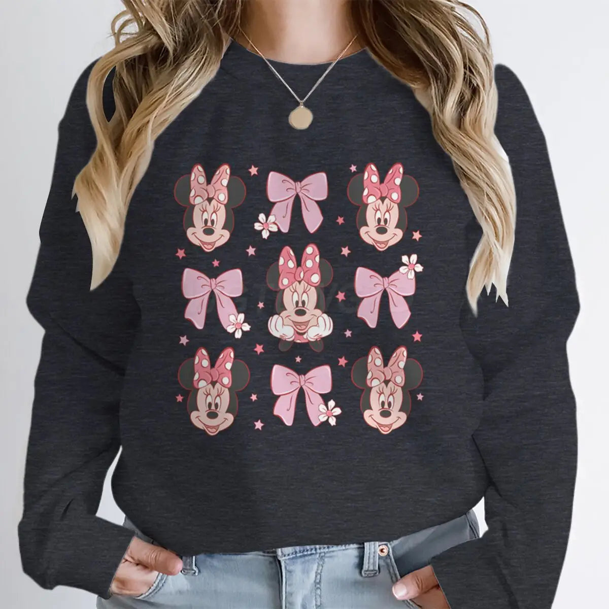 Sudaderas con capucha y lazo de Minnie rosa para mujer, ropa de dibujos animados Kawaii, jerséis de manga larga con cuello redondo de Minnie Mouse