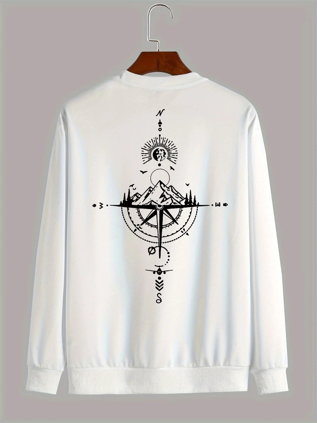 Sudadera holgada informal de otoño e invierno para hombre, sudadera clásica de manga larga con estampado geométrico de montaña y color beige a la moda
