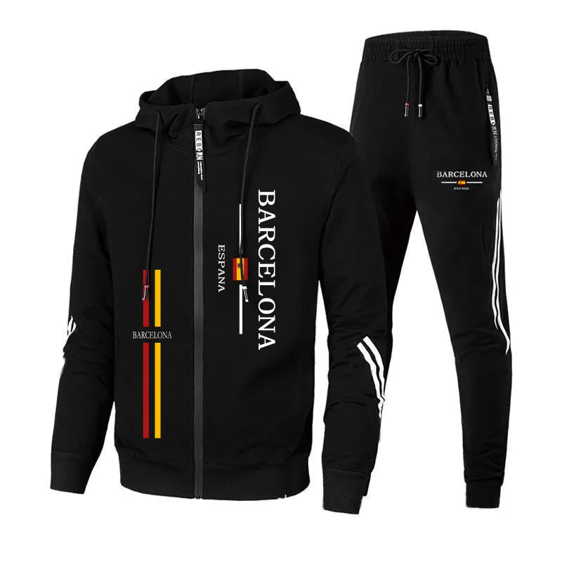 Otoño Invierno trajes deportivos masculinos Barcelona estampado chándal para hombres cremallera Sudadera con capucha y pantalones jogger urbano Casual moda ropa deportiva