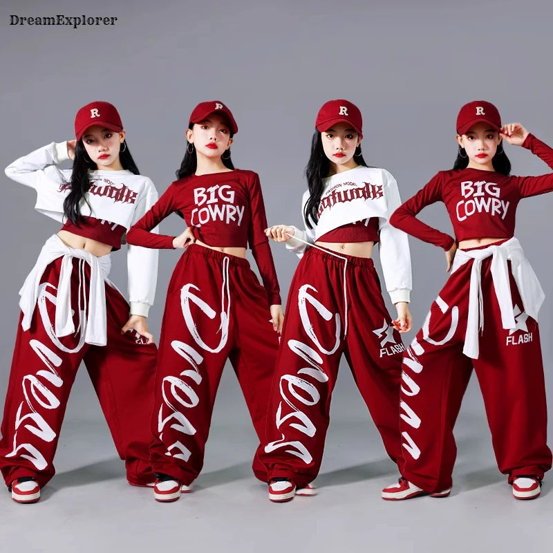 Top corto k-pop para niñas, pantalones deportivos con letras a la moda, conjuntos de ropa de grupo para niñas, ropa informal estilo Hip Hop, disfraces de Jazz para niños