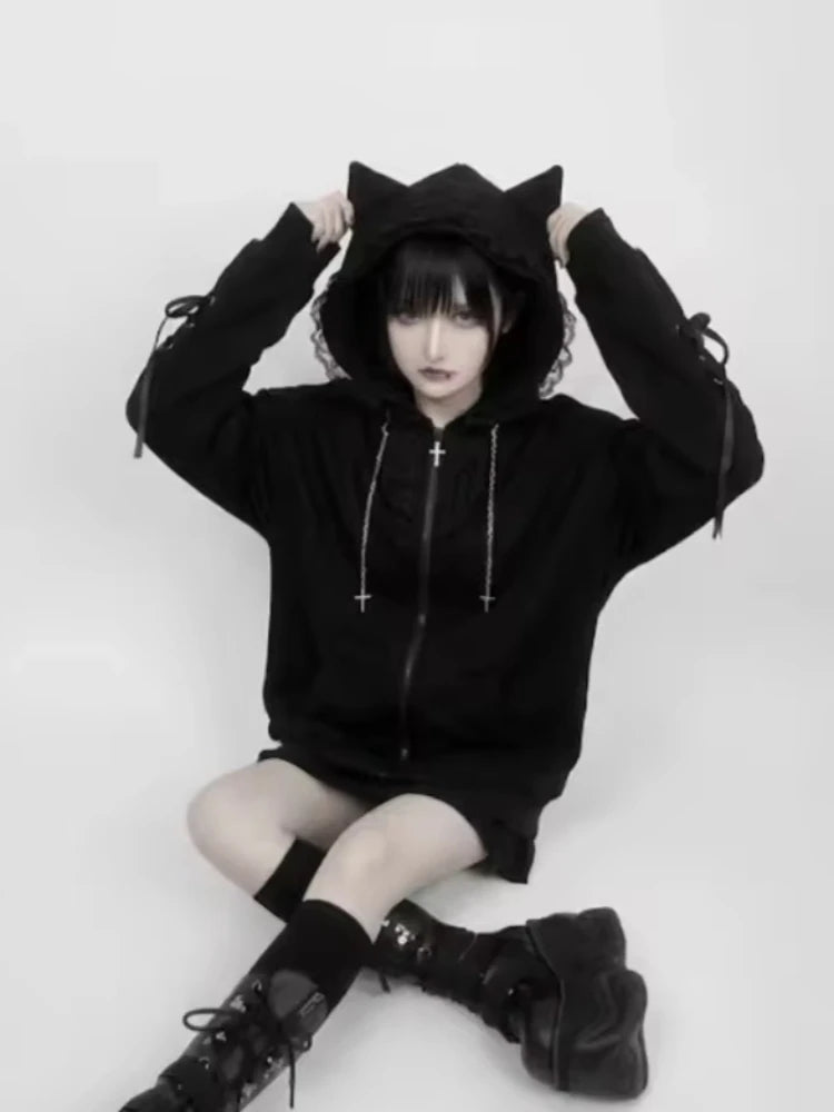 Sudadera Kawaii japonesa de manga larga para mujer, sudaderas informales con subcultura, abrigo con estampado de remaches, ropa elegante de estilo dulce y bonito para mujer