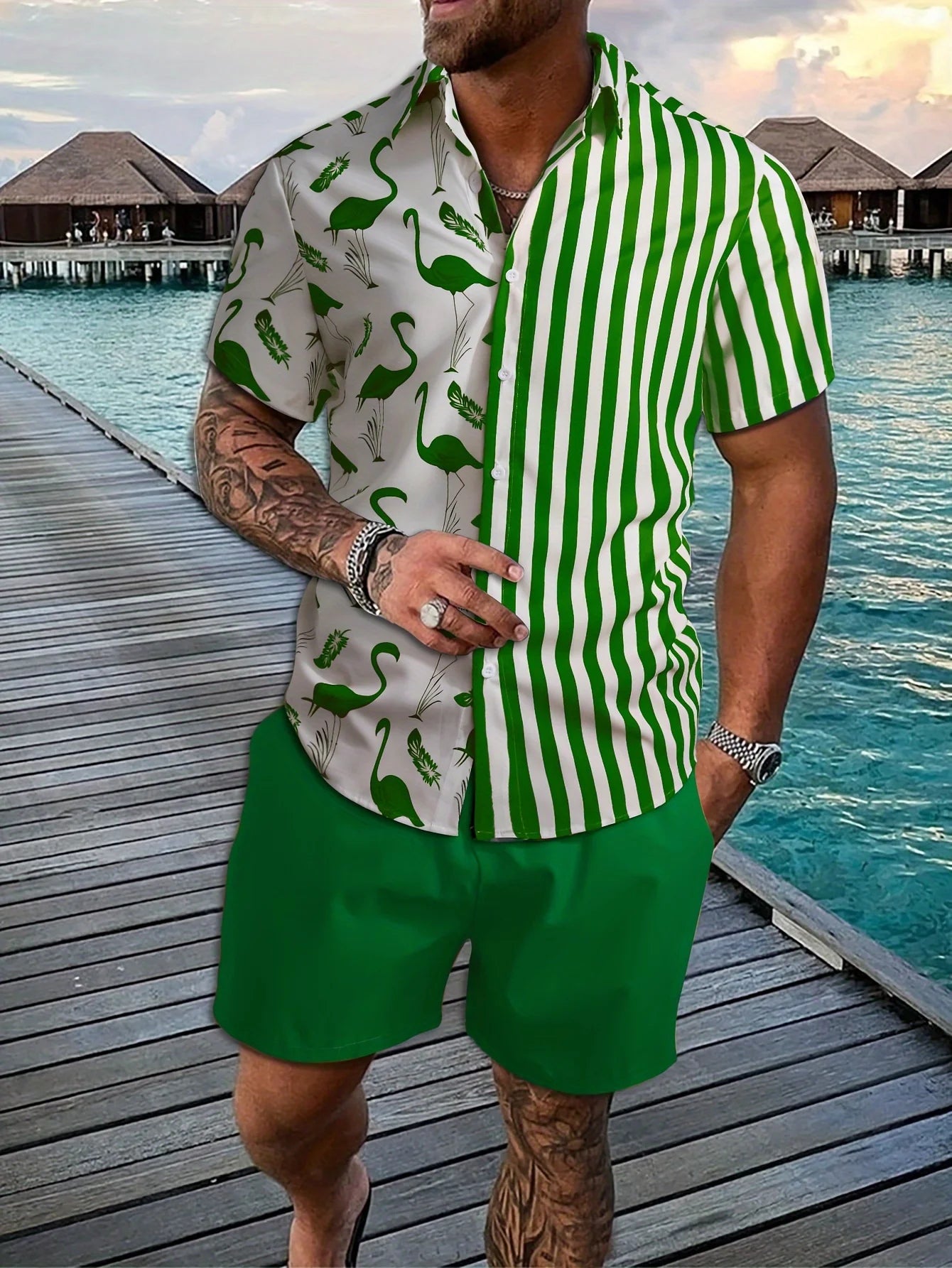 Conjunto Hawaiano Hombre – Camisa Manga Corta y Pantalón Corto de Playa