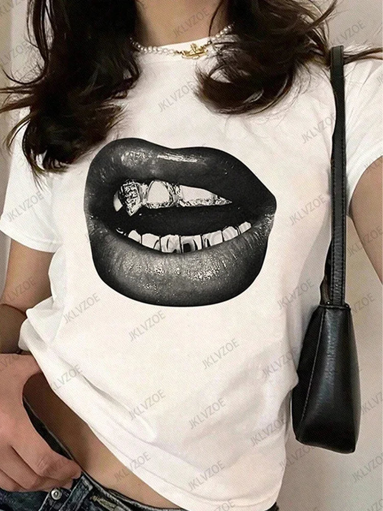 Camisetas deportivas de verano con estampado de labios, ropa femenina, camisetas de manga corta con cuello redondo, camisetas divertidas para mujer, camisetas Vintage Unisex