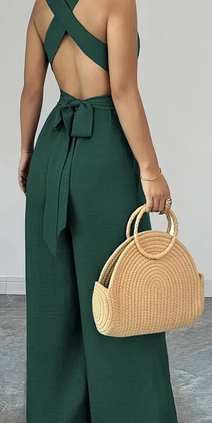 Monos para mujer 2026: Novedades en moda, sexy, con cuello en V, espalda descubierta, cinturón cruzado y pierna ancha. Ropa de mujer.