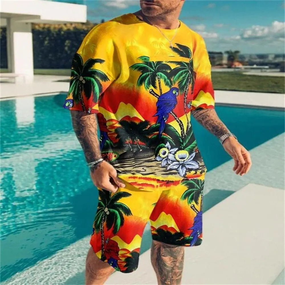 Conjunto Hawaiano 3D Hombre + Niño | Camiseta + Pantalón Corto Verano