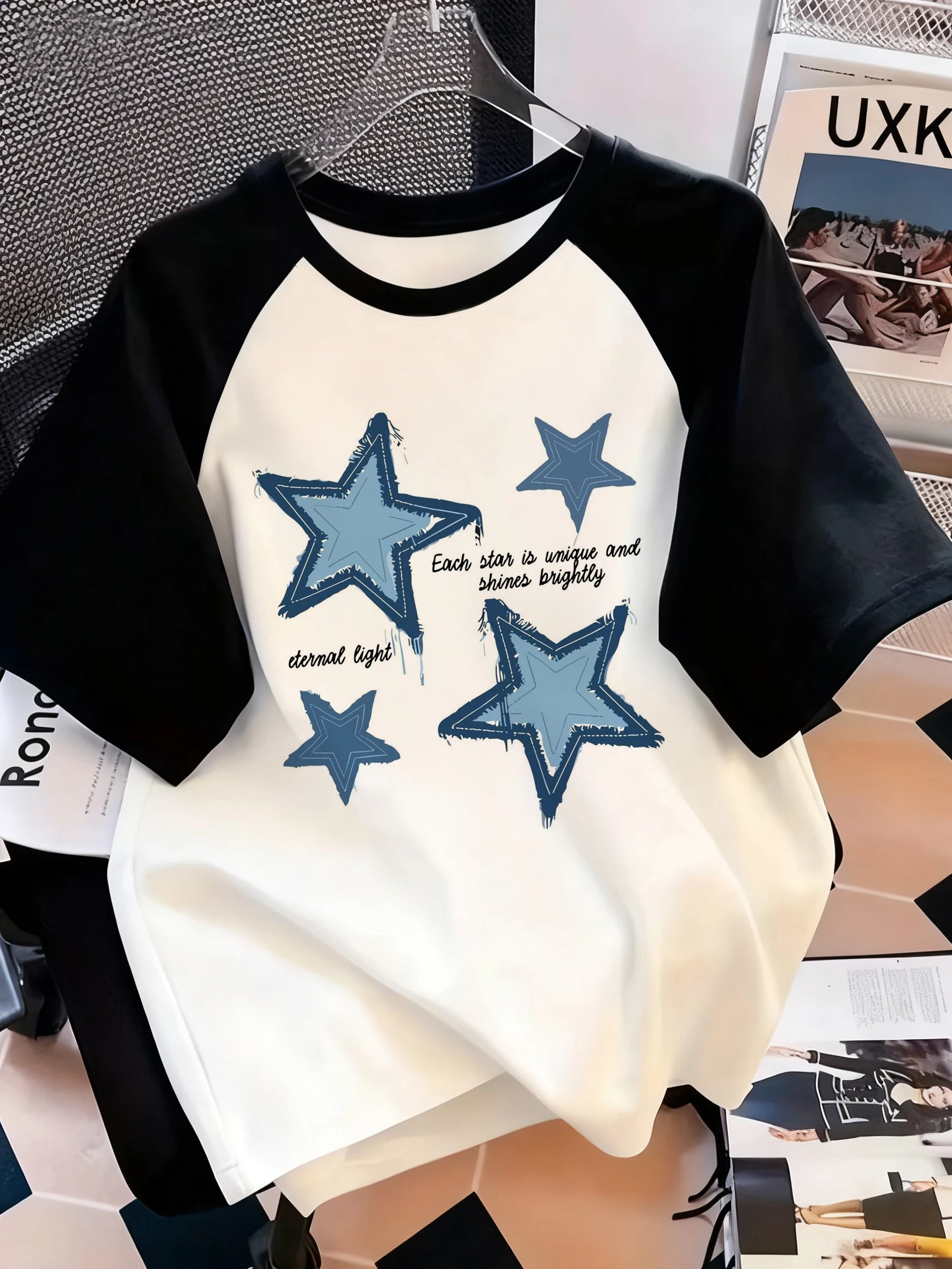 Y2K Hip Hop Blue Star Print Camiseta con cuello redondo y estampado de letras, pantalón corto informal, Top de manga para primavera y verano, ropa de mujer