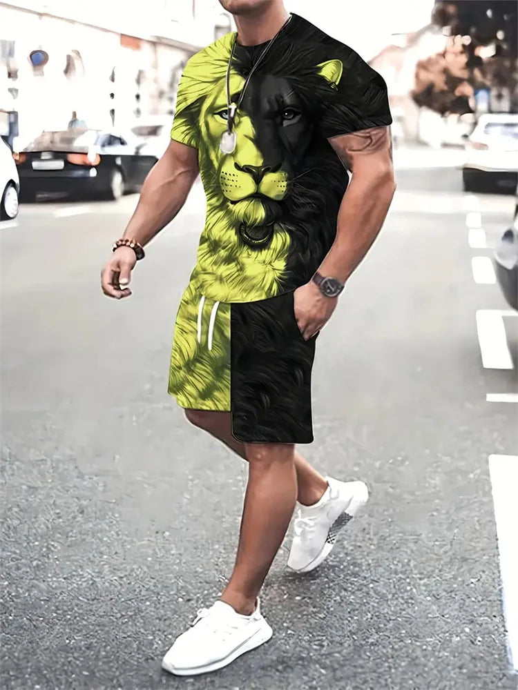 Conjunto Streetwear 3D León Hombre | Camiseta + Pantalón Corto Bicolor