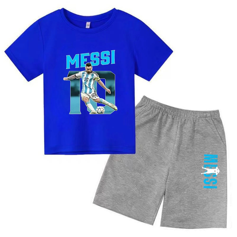 Conjunto de verano para niños, camiseta de manga corta con estampado Messi + Pantalones cortos, conjunto de 2 uds., traje deportivo informal a la moda para niños y niñas, ropa para fanáticos