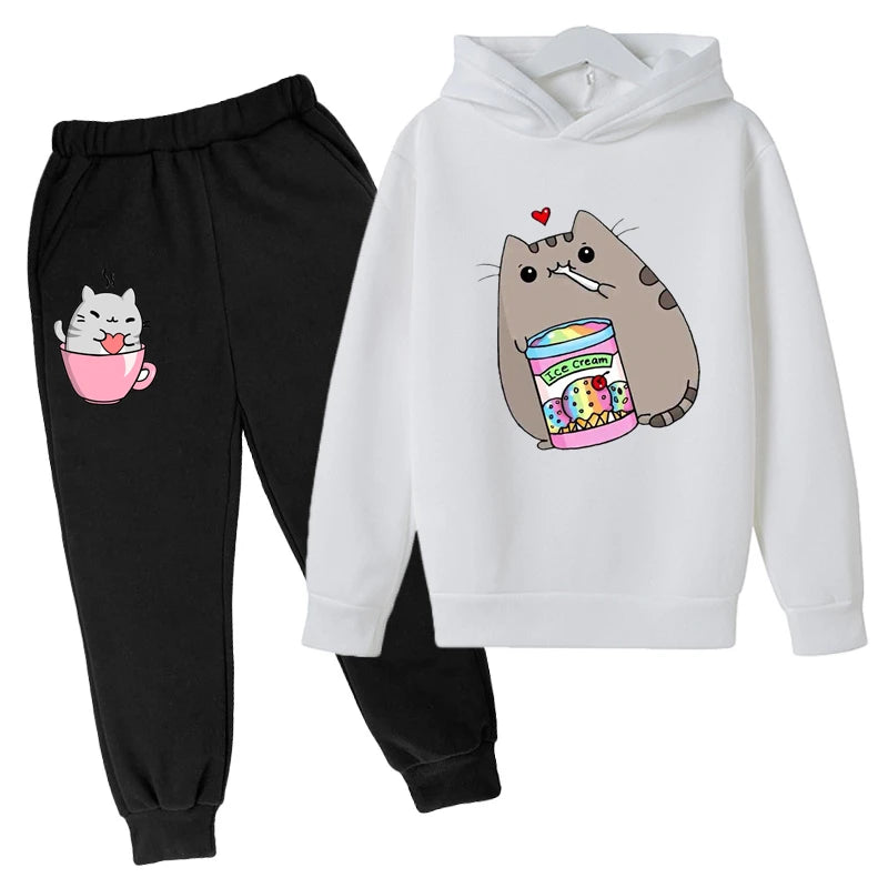 Sudadera con capucha con estampado de gato de Nutella para niños, ropa divertida para niñas y niños, conjuntos de ropa Harajuku Kawaii para niños, Invierno