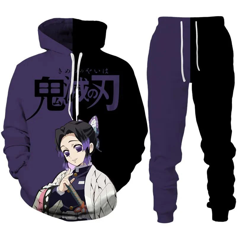 Sudaderas con capucha de Anime Demon Slayer, pantalones de Cosplay con estampado 3D + Sudadera con capucha, conjunto de 2 uds, chándal para hombre, ropa de calle Vintage de gran tamaño, conjuntos de pantalones con capucha