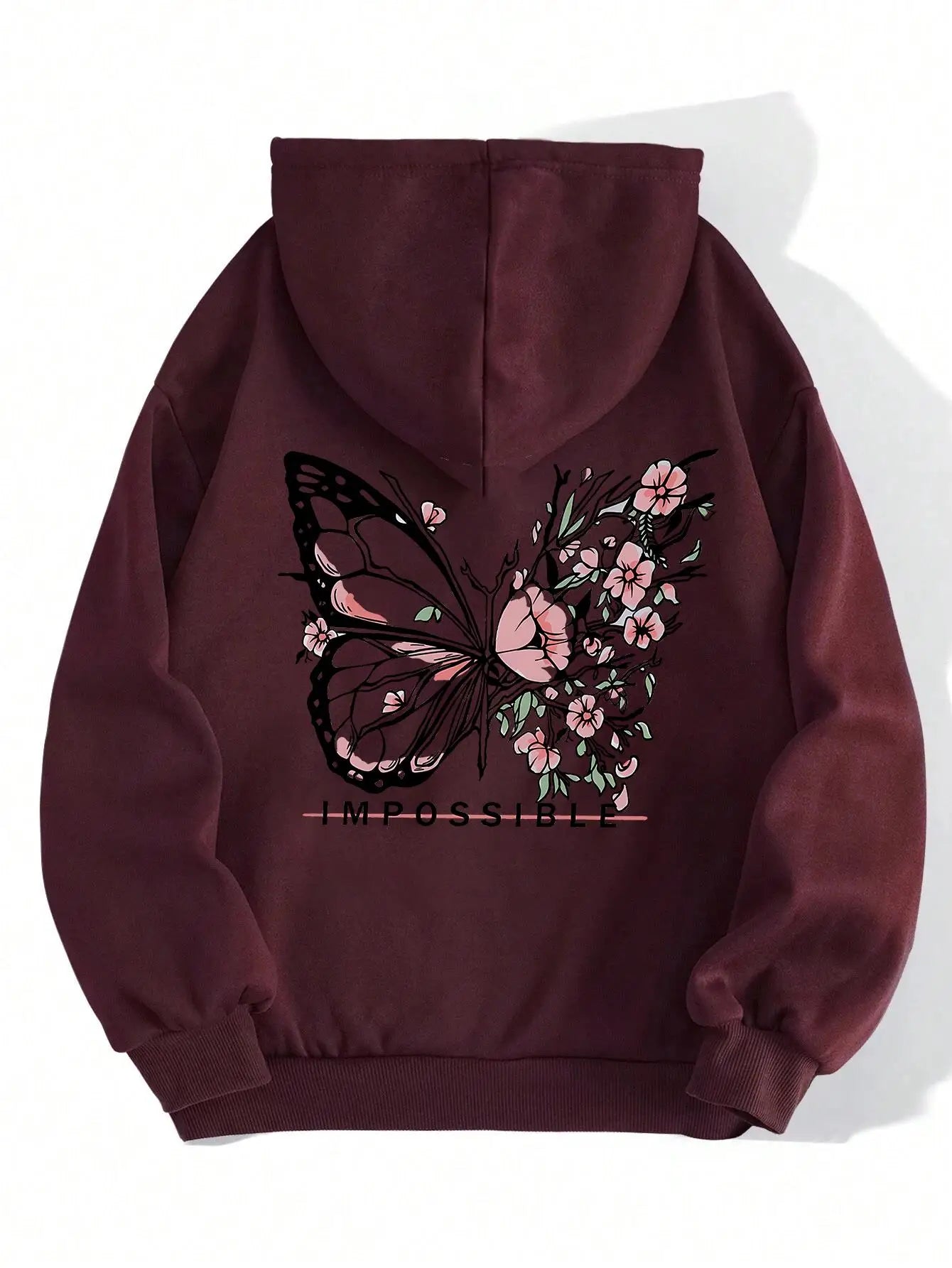 Sudadera con estampado gráfico de letras imposible y mariposa rosa para mujer, sudaderas con capucha informales holgadas y cálidas a la moda, ropa suave de lana