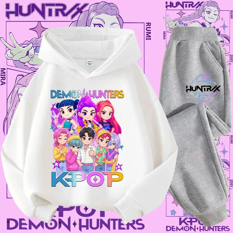 Ropa deportiva para niñas de 2 a 12 años, conjunto de 2 piezas, Top informal bonito, K-pop Demon Hunter, conjunto de camisa con capucha estampada, traje de pantalón, chándal