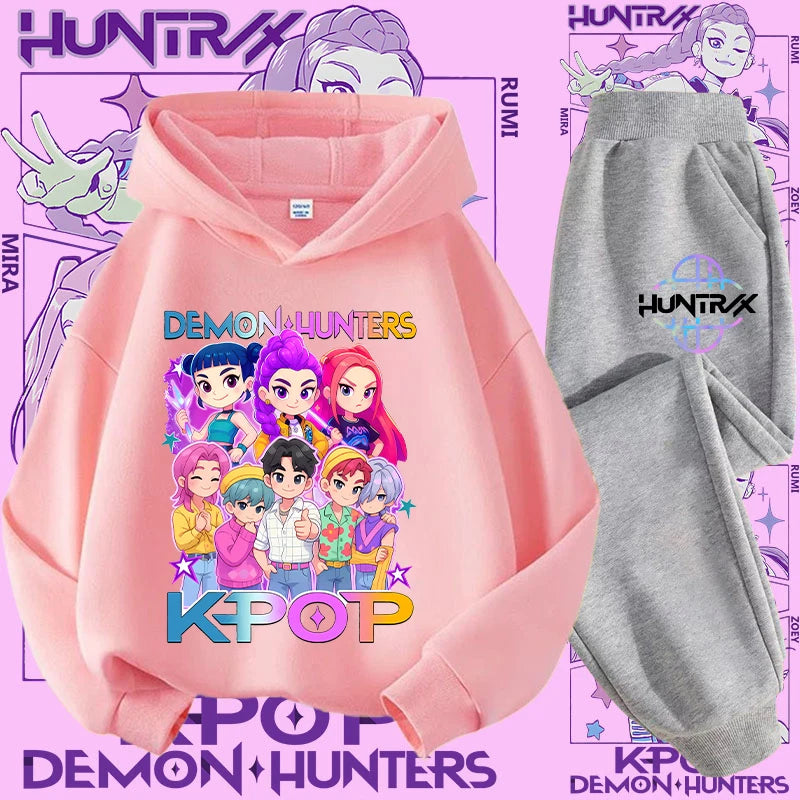 Ropa deportiva para niñas de 2 a 12 años, conjunto de 2 piezas, Top informal bonito, K-pop Demon Hunter, conjunto de camisa con capucha estampada, traje de pantalón, chándal