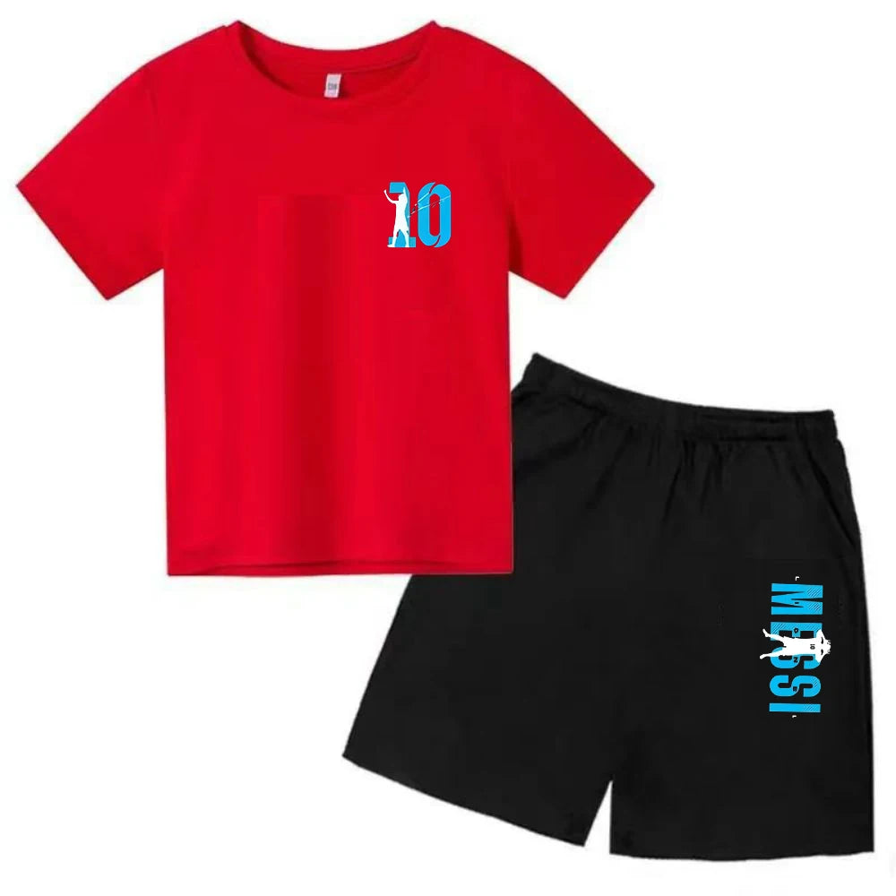Conjunto de verano para niños, camiseta de manga corta con estampado Messi + Pantalones cortos, conjunto de 2 uds., traje deportivo informal a la moda para niños y niñas, ropa para fanáticos