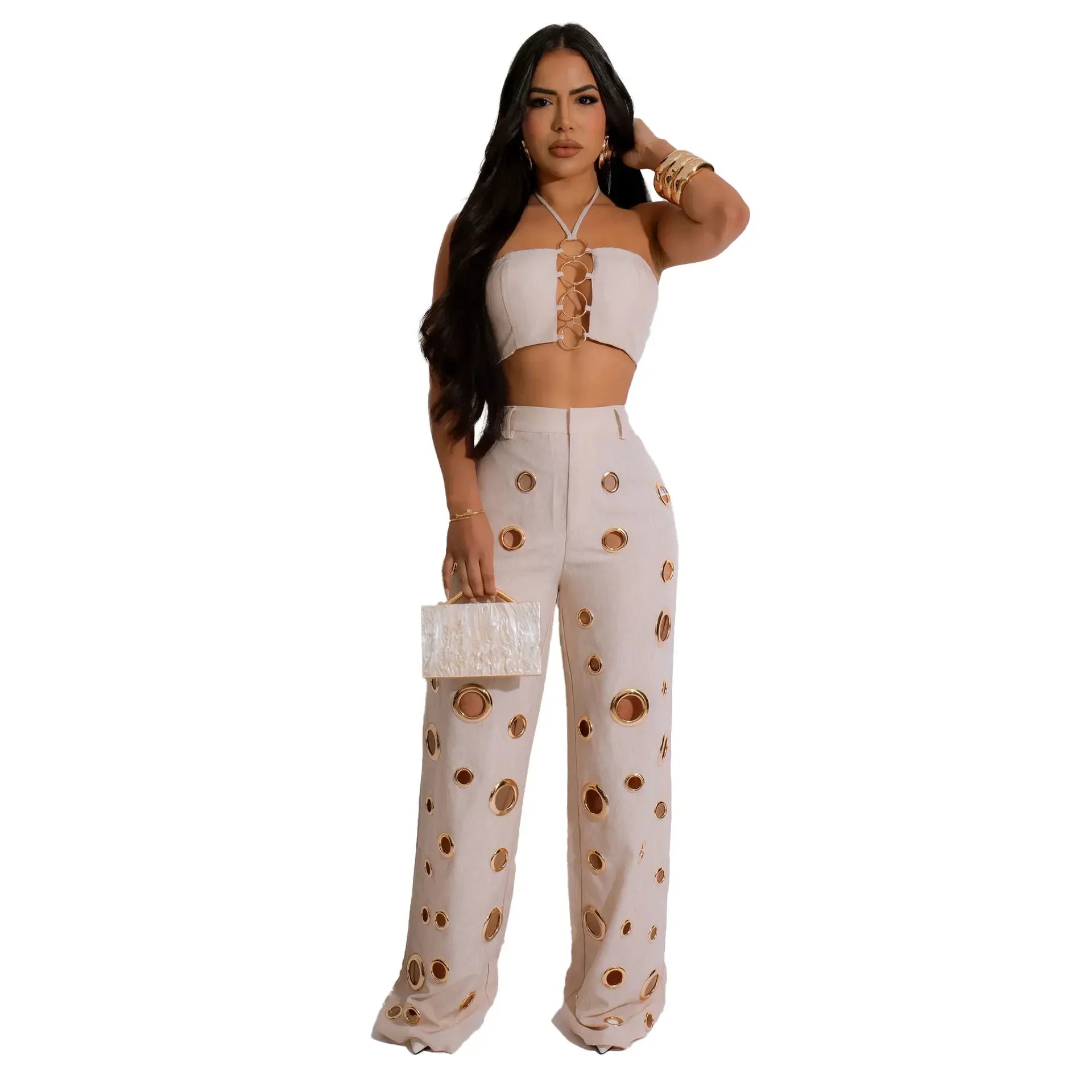 CM.YAYA-Conjunto de dos piezas para mujer, Top sin mangas y pantalones de pierna ancha, traje calado con agujeros, chándal de calle Sexy de verano