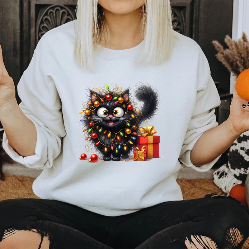 Regalo de amante de los gatos para Navidad, sudaderas para mujer, lindas y esponjosas luces de gatos, sudaderas con capucha de vacaciones, sudaderas navideñas para amantes de los animales