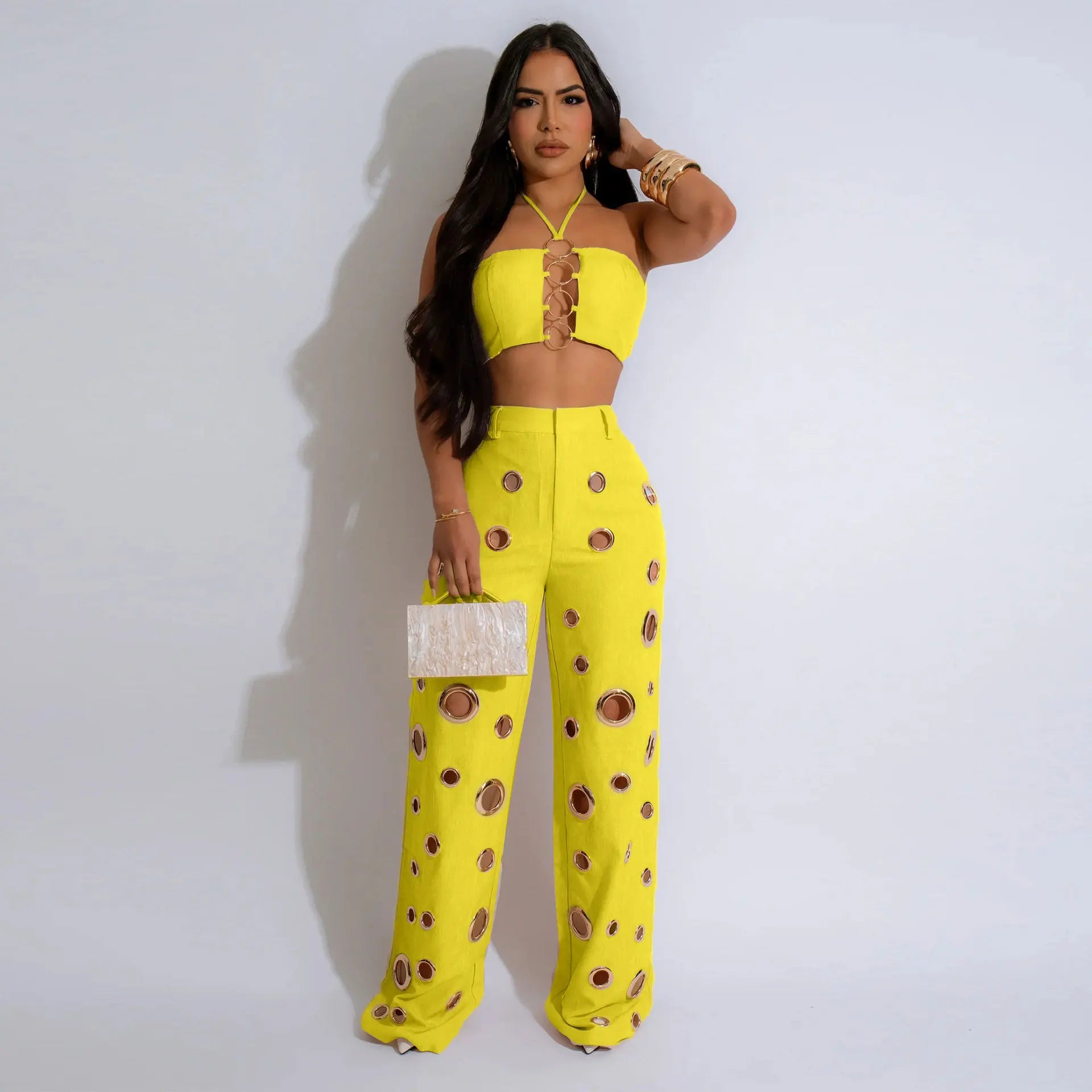 CM.YAYA-Conjunto de dos piezas para mujer, Top sin mangas y pantalones de pierna ancha, traje calado con agujeros, chándal de calle Sexy de verano
