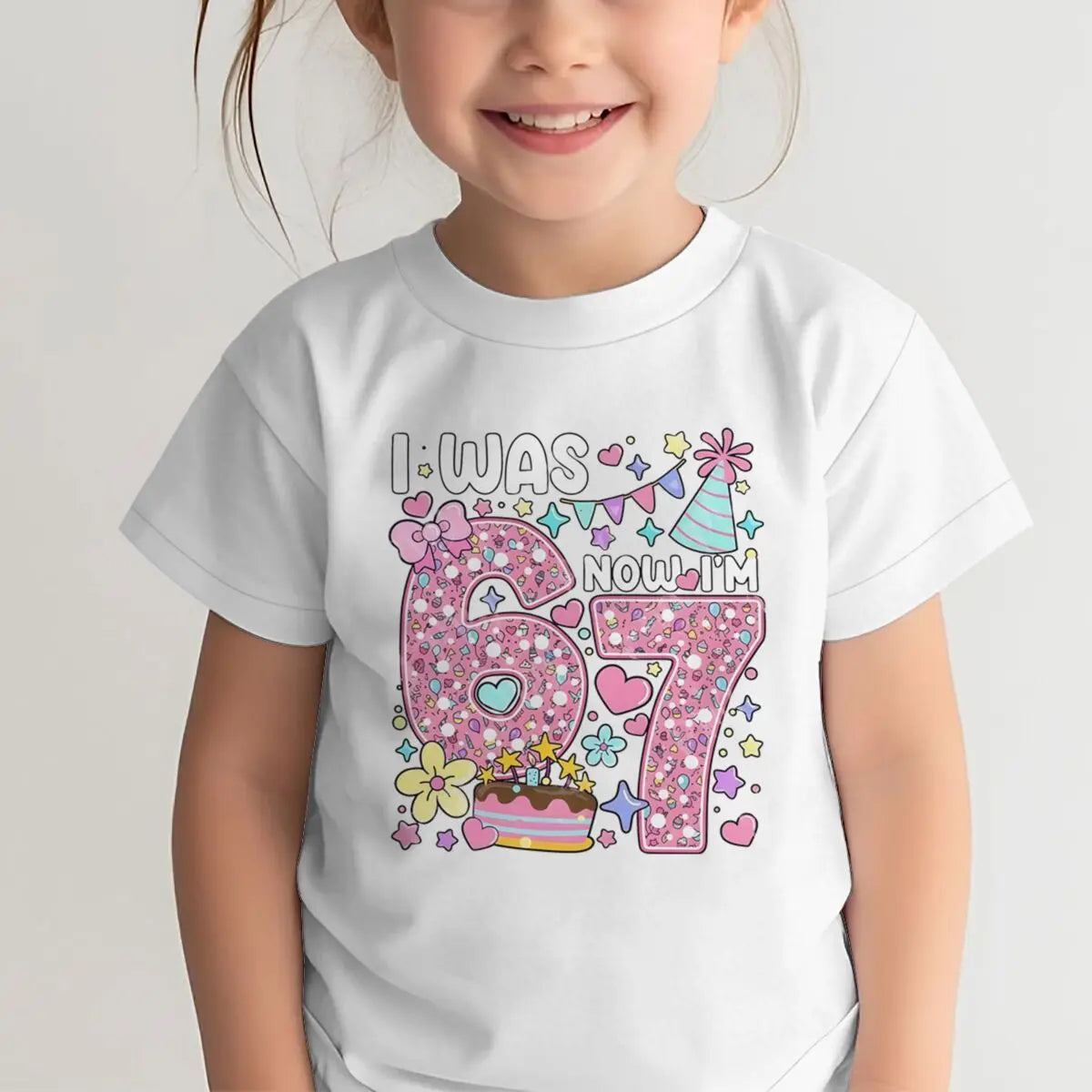 Camiseta para niñas con estampado de números, de algodón, de manga corta y cuello redondo, para el séptimo cumpleaños, con la frase 'I Was 6 Now I'm 7', para niñas de 7 años