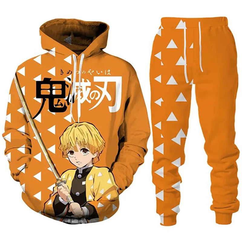 Sudaderas con capucha de Anime Demon Slayer, pantalones de Cosplay con estampado 3D + Sudadera con capucha, conjunto de 2 uds, chándal para hombre, ropa de calle Vintage de gran tamaño, conjuntos de pantalones con capucha