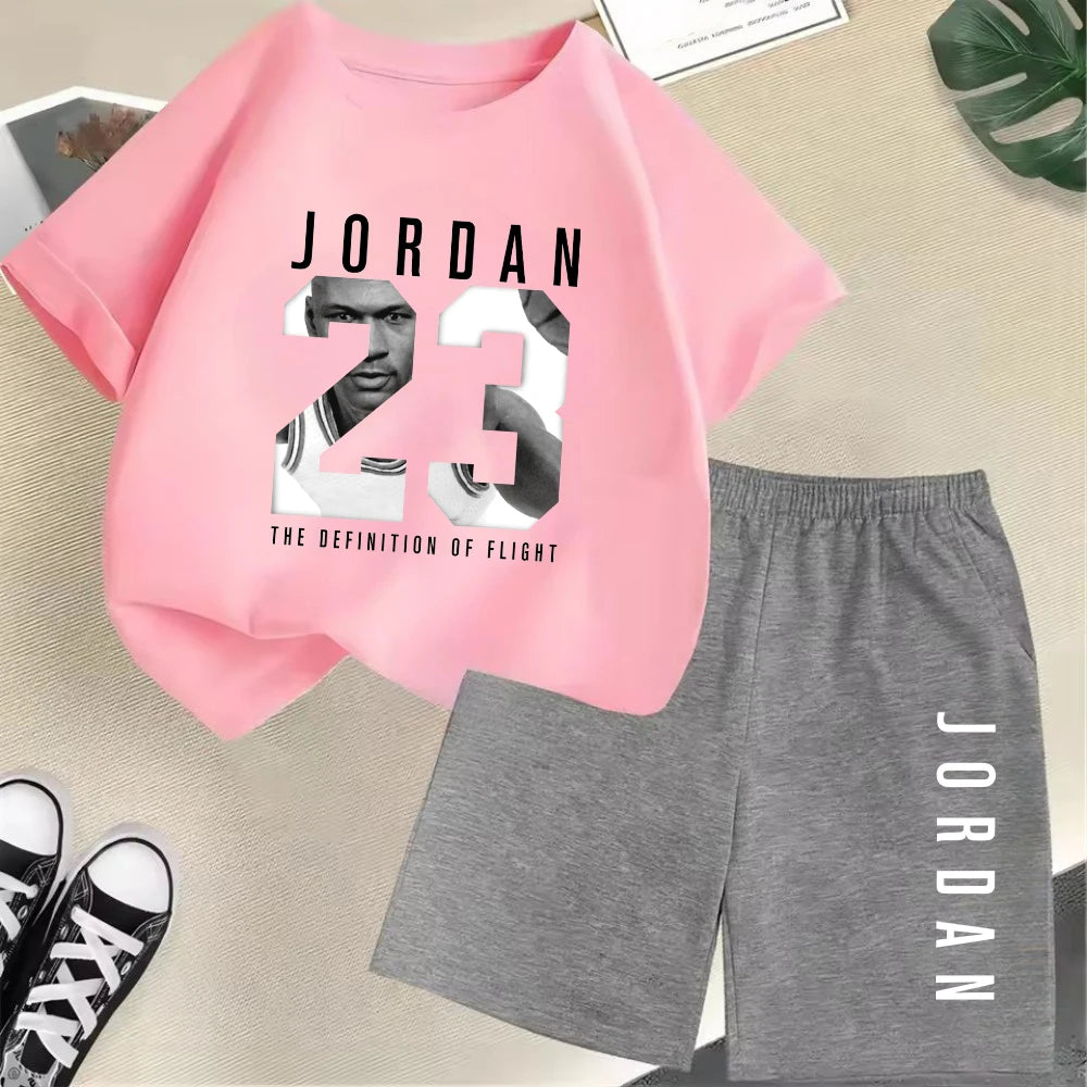 Conjunto de camiseta de manga corta de verano para niños, moda deportiva, pantalones cortos para niños y niñas, conjunto informal de 2 uds con estampado de gráficos de marca, conjunto para chico