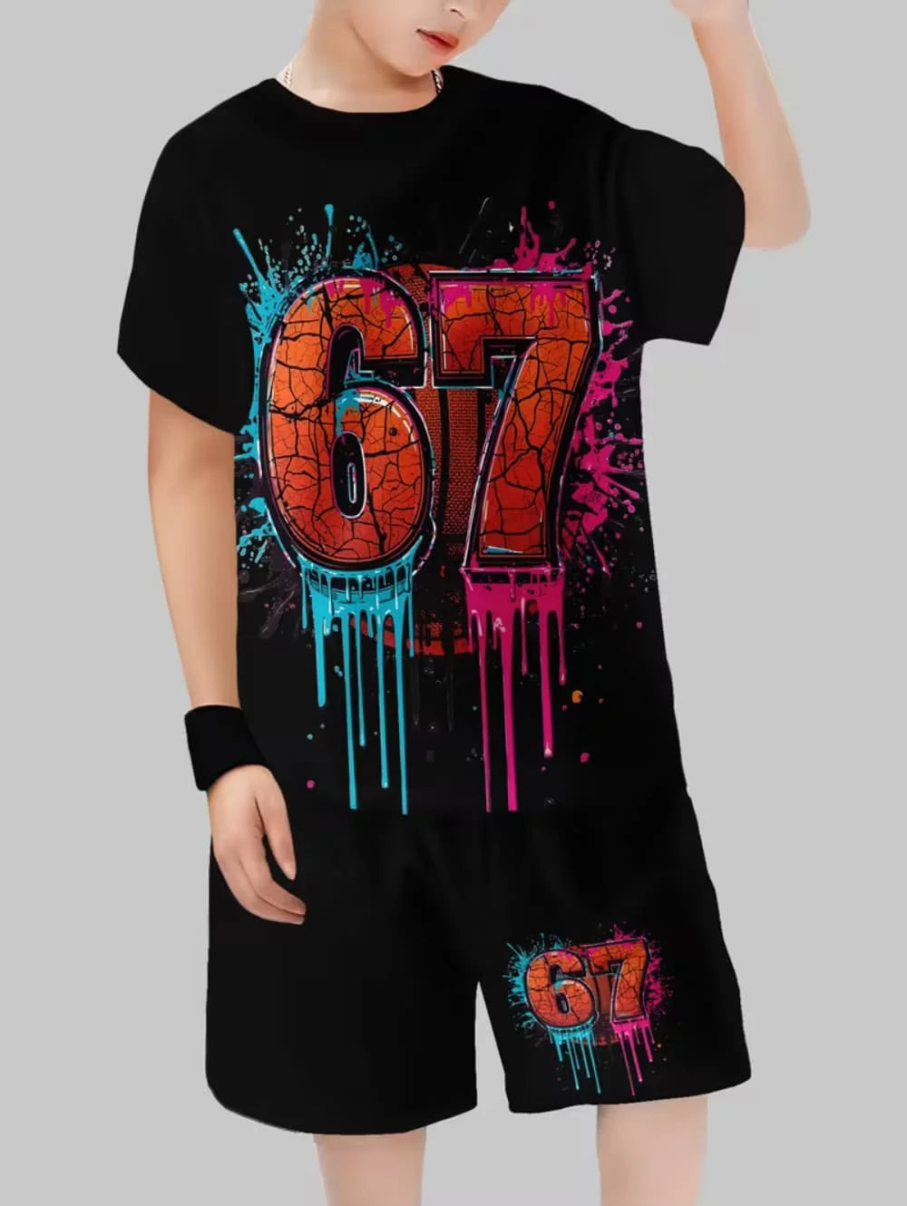 Divertido Conjunto de 2 Piezas para Niños con Estampado de Números Italianos 67, Camiseta de Manga Corta + Pantalones Cortos, Ropa para Niños