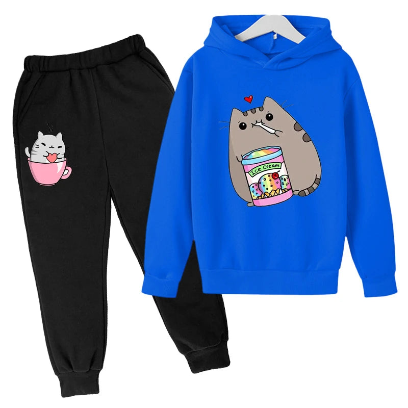 Sudadera con capucha con estampado de gato de Nutella para niños, ropa divertida para niñas y niños, conjuntos de ropa Harajuku Kawaii para niños, Invierno