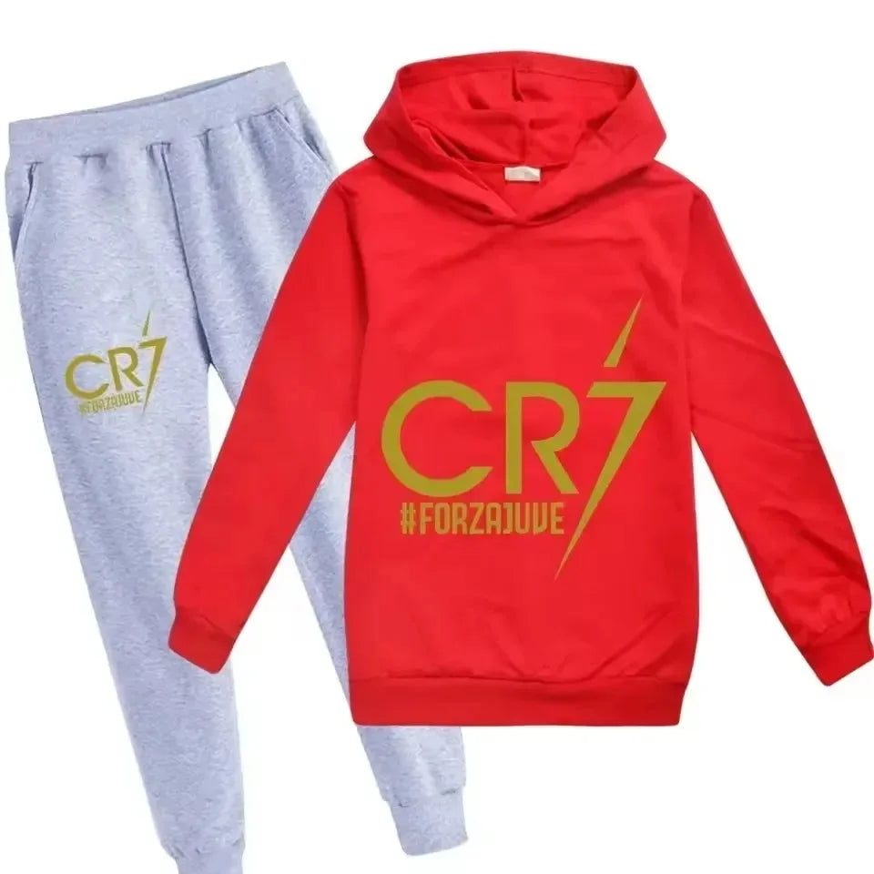 Conjunto de Sudadera con Capucha y Pantalones con Estampado de Fútbol CR7 para Niños de 3 a 12 Años, Primavera-Otoño, 2 Piezas, Conjunto Infantil, Trajes de Pantalones, Ropa para Niños