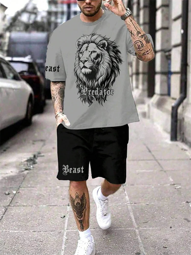 Nueva 2024 Camiseta de manga corta con cuello redondo, conjunto de pantalones cortos de moda con estampado de León en 3D, conjunto de 2 piezas de deportes de verano para hombres