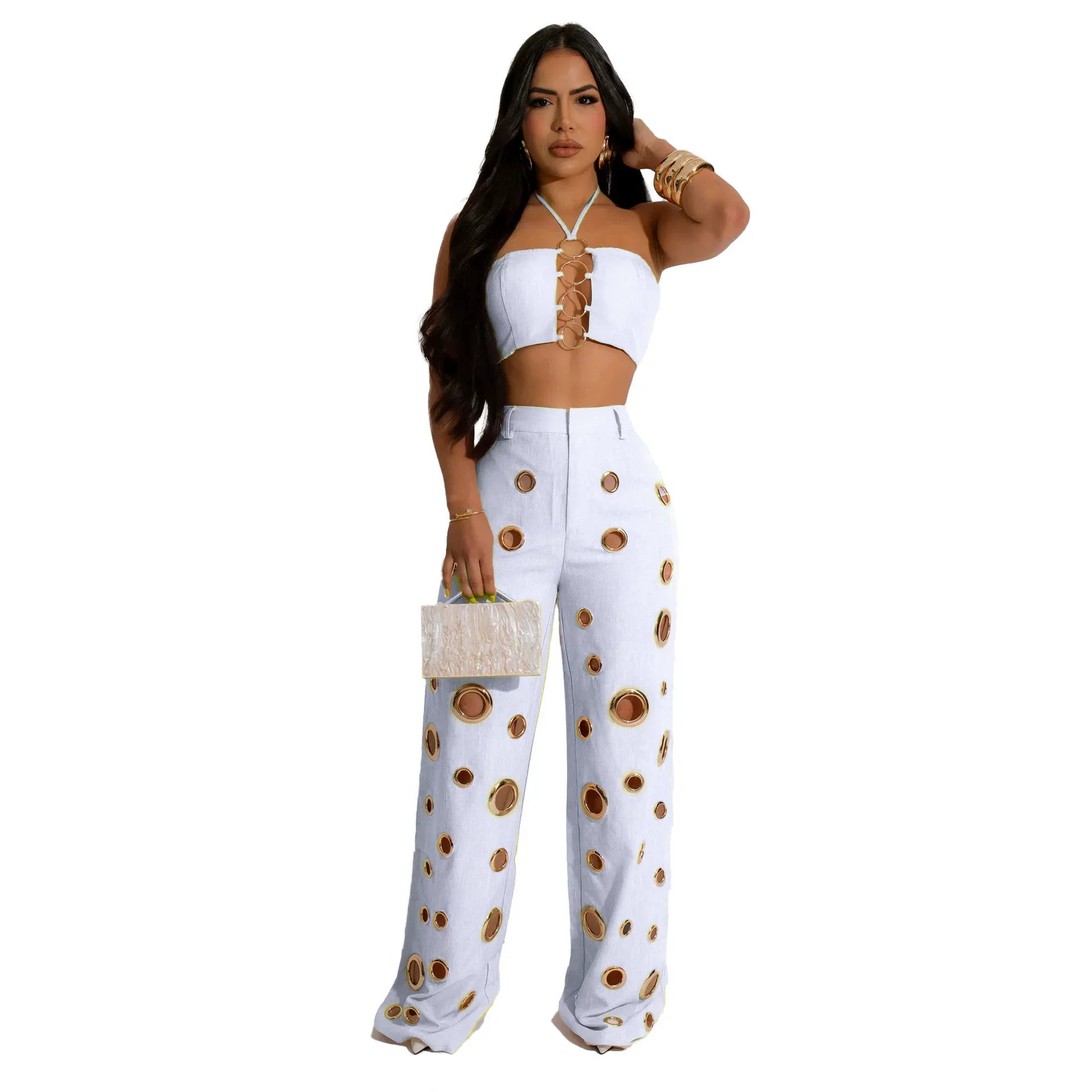 CM.YAYA-Conjunto de dos piezas para mujer, Top sin mangas y pantalones de pierna ancha, traje calado con agujeros, chándal de calle Sexy de verano