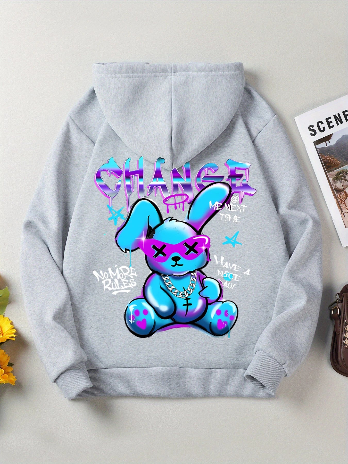 Sudadera con estampado de dibujos animados de conejo para mujer, Sudadera con capucha de calle que combina con todo, sudaderas informales con cuello redondo, jersey, ropa de gran tamaño