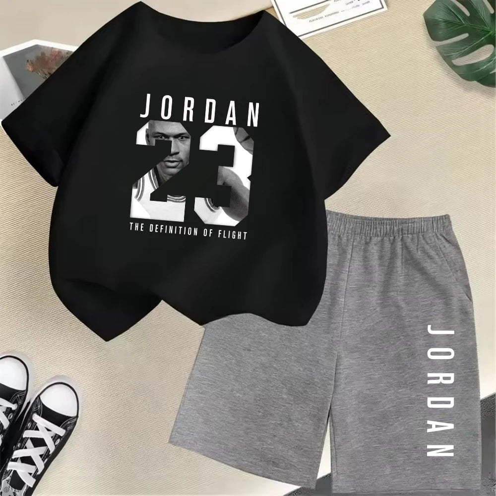 Conjunto de camiseta de manga corta de verano para niños, moda deportiva, pantalones cortos para niños y niñas, conjunto informal de 2 uds con estampado de gráficos de marca, conjunto para chico