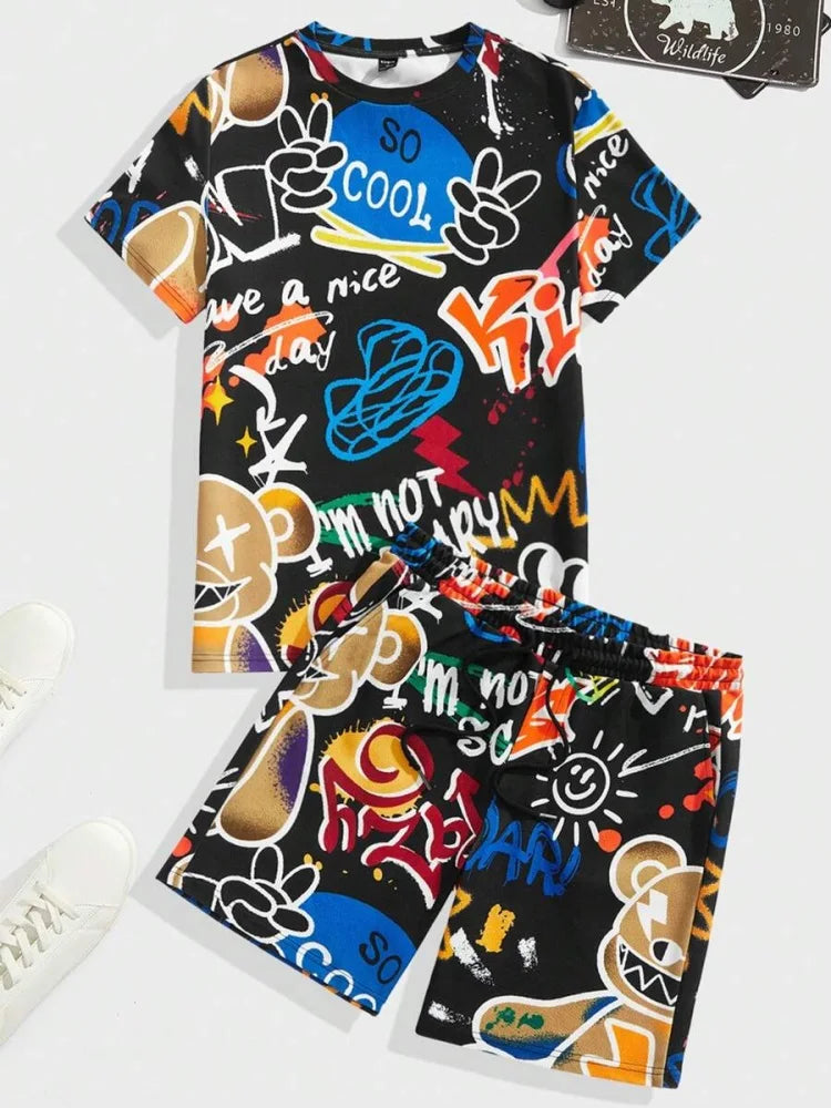 2025 nuevo conjunto de pantalones cortos de manga corta para hombre de verano, pantalones cortos de playa al aire libre para hombre, conjunto de 2 piezas, estampado 3D