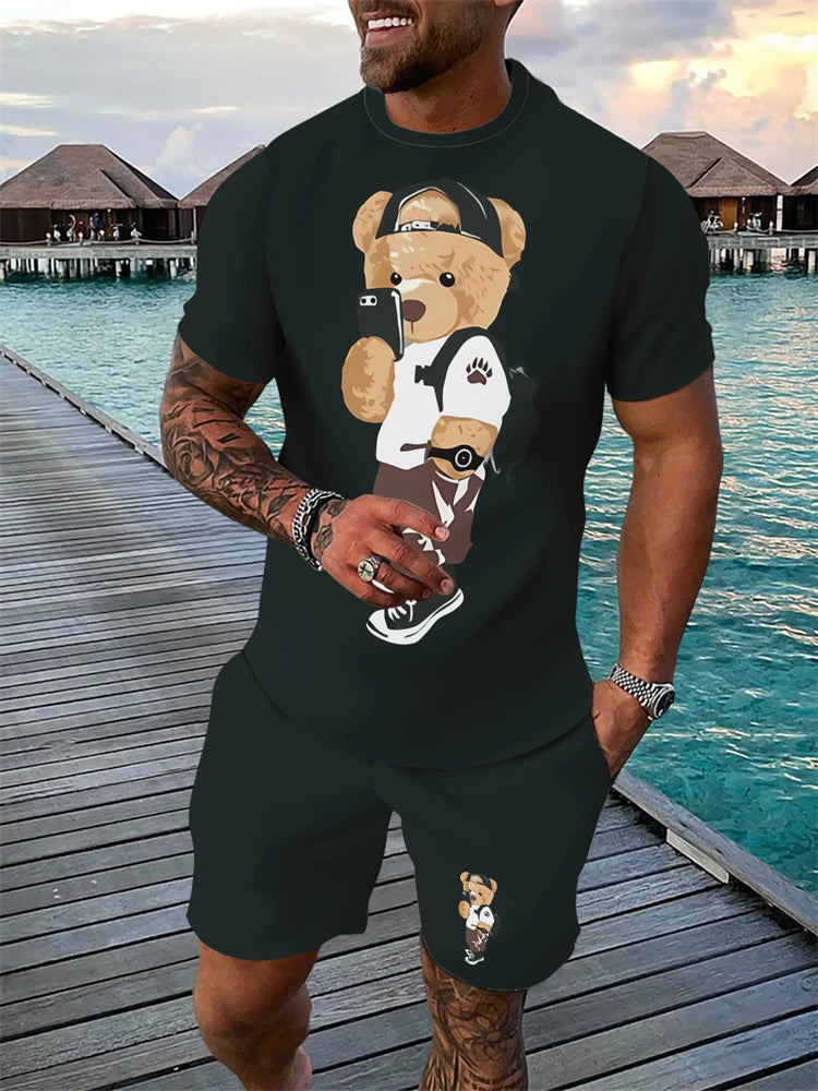 Conjunto de dos piezas de verano para hombre, camiseta de manga corta con cuello redondo y pantalones cortos con cordón, estampado 3D de León Animal, conjunto atlético transpirable para exteriores