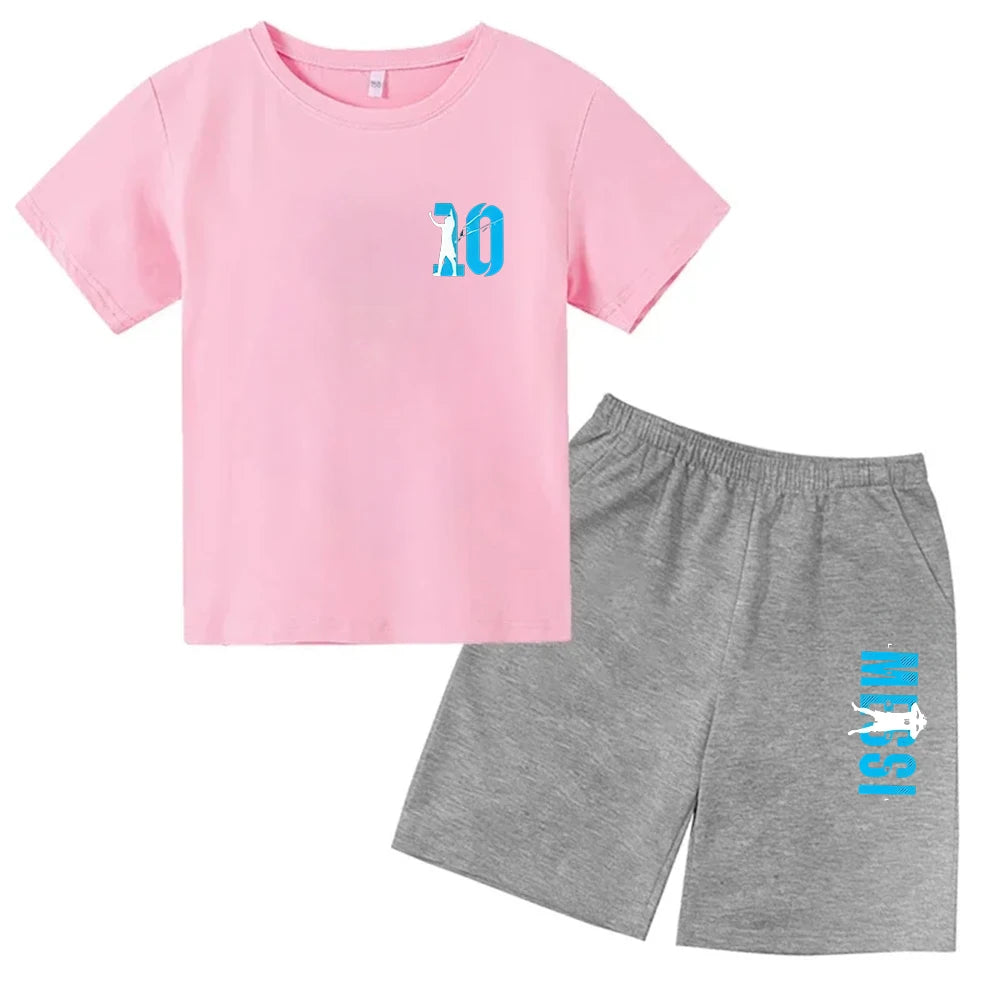 Conjunto de verano para niños, camiseta de manga corta con estampado Messi + Pantalones cortos, conjunto de 2 uds., traje deportivo informal a la moda para niños y niñas, ropa para fanáticos