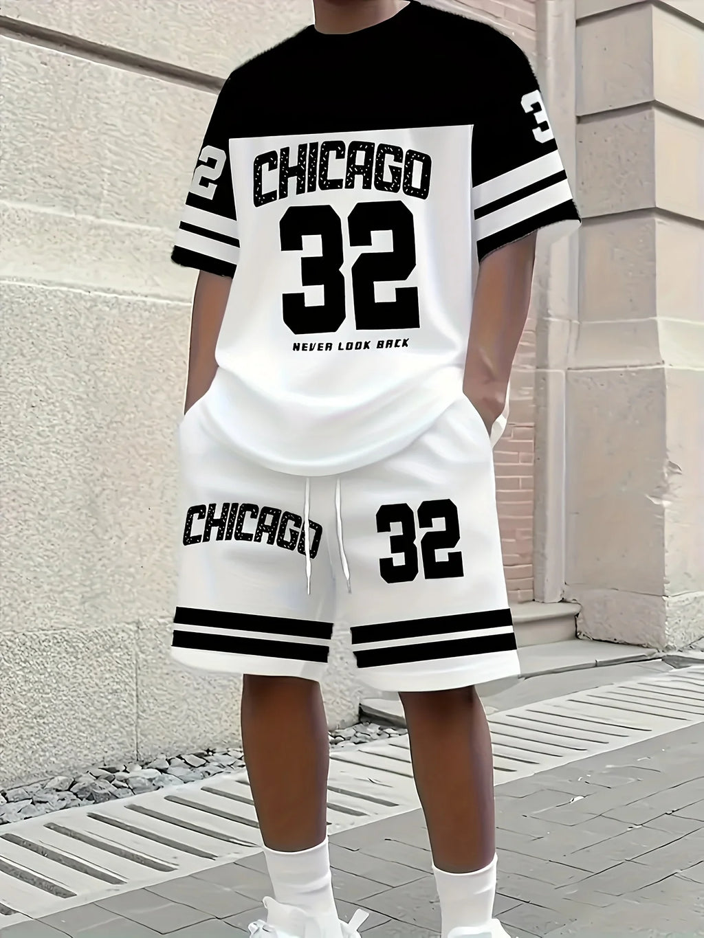 Conjunto relajado con temática Chicago de verano para hombre, conjunto de camiseta y pantalones cortos estampados talla 32, conjunto deportivo informal de dos piezas de talla grande para adultos