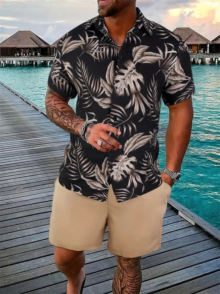 Conjunto Hombre Verano Playa Hawaiano Oversize – Camisa Manga Corta + Shorts Estampado 3D (2 Piezas)