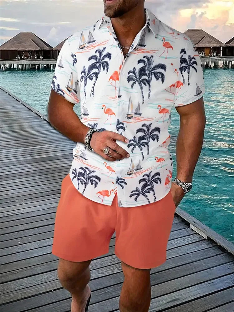 Conjunto Hombre Verano Playa Hawaiano Oversize – Camisa Manga Corta + Shorts Estampado 3D (2 Piezas)