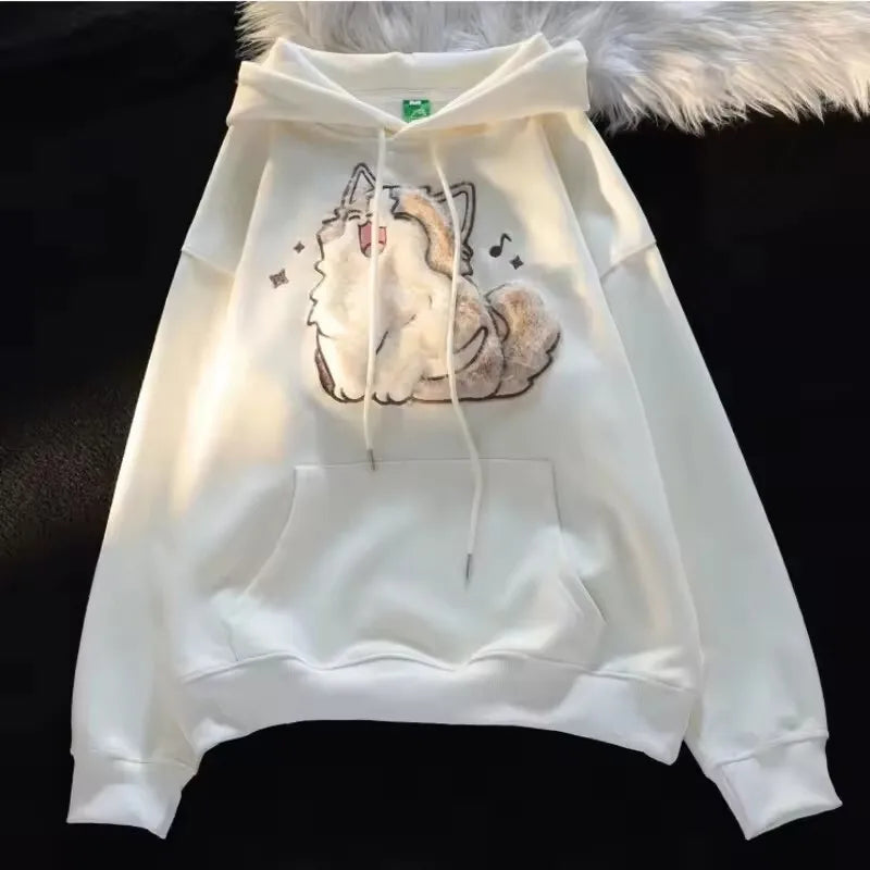 Sudaderas con capucha de retales de gato de dibujos animados con bordado aterciopelado Kawaii japonés, sudadera holgada de calle con bolsillo de canguro grueso, Top que combina con todo