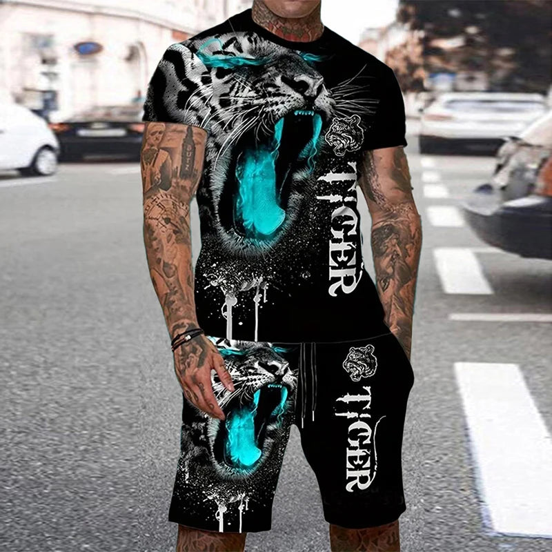 Conjunto Verano Hombre - Camiseta y Pantalón Corto Estampado Tigre 3D