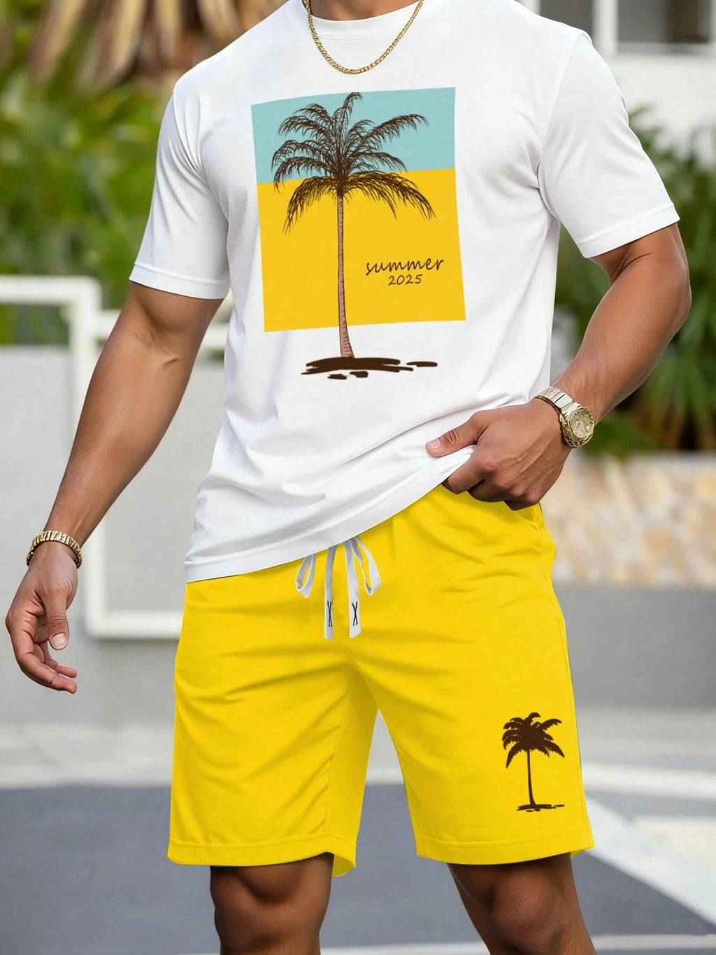 Conjunto de Camiseta y Pantalones Cortos para Hombre con Estampado de Palmeras, Estilo Hawaiano, Verano 2026, Informal, para Playa y Aire Libre