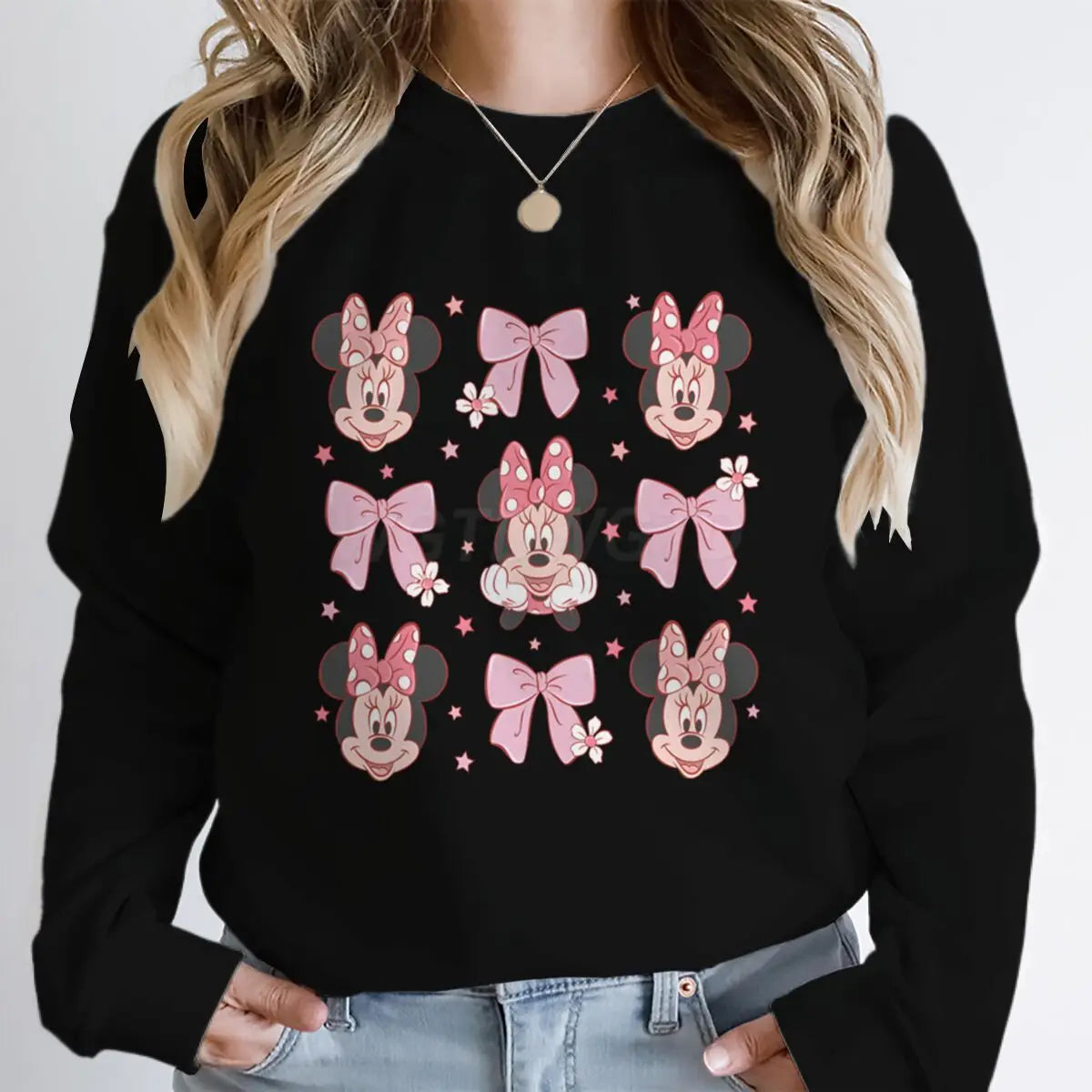 Sudaderas con capucha y lazo de Minnie rosa para mujer, ropa de dibujos animados Kawaii, jerséis de manga larga con cuello redondo de Minnie Mouse