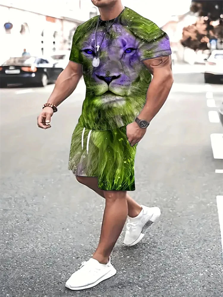 Conjunto Streetwear 3D León Hombre | Camiseta + Pantalón Corto Bicolor
