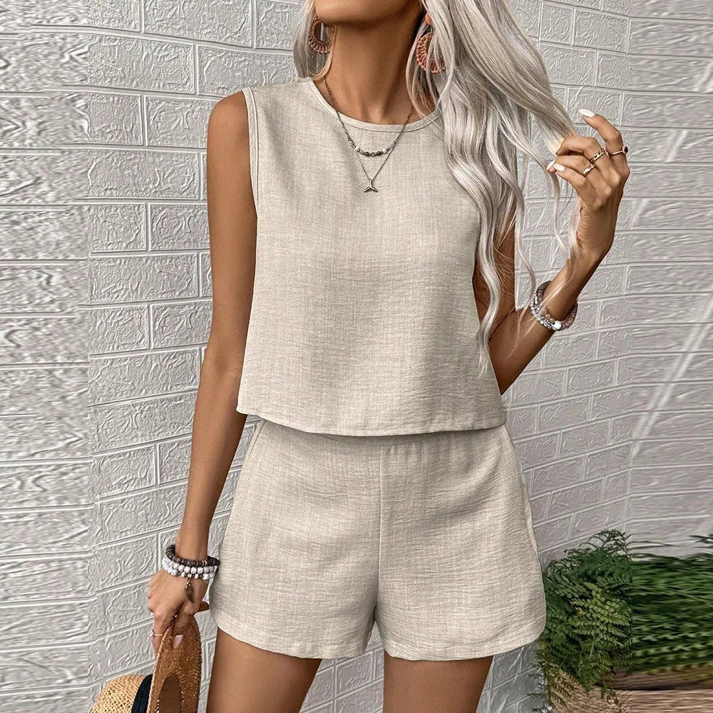 Conjunto de Top sin Mangas y Pantalones Cortos para Mujer, Estilo Europeo Americano, Verano 2026, Color Sólido, Simple y Moderno, Informal para Diario