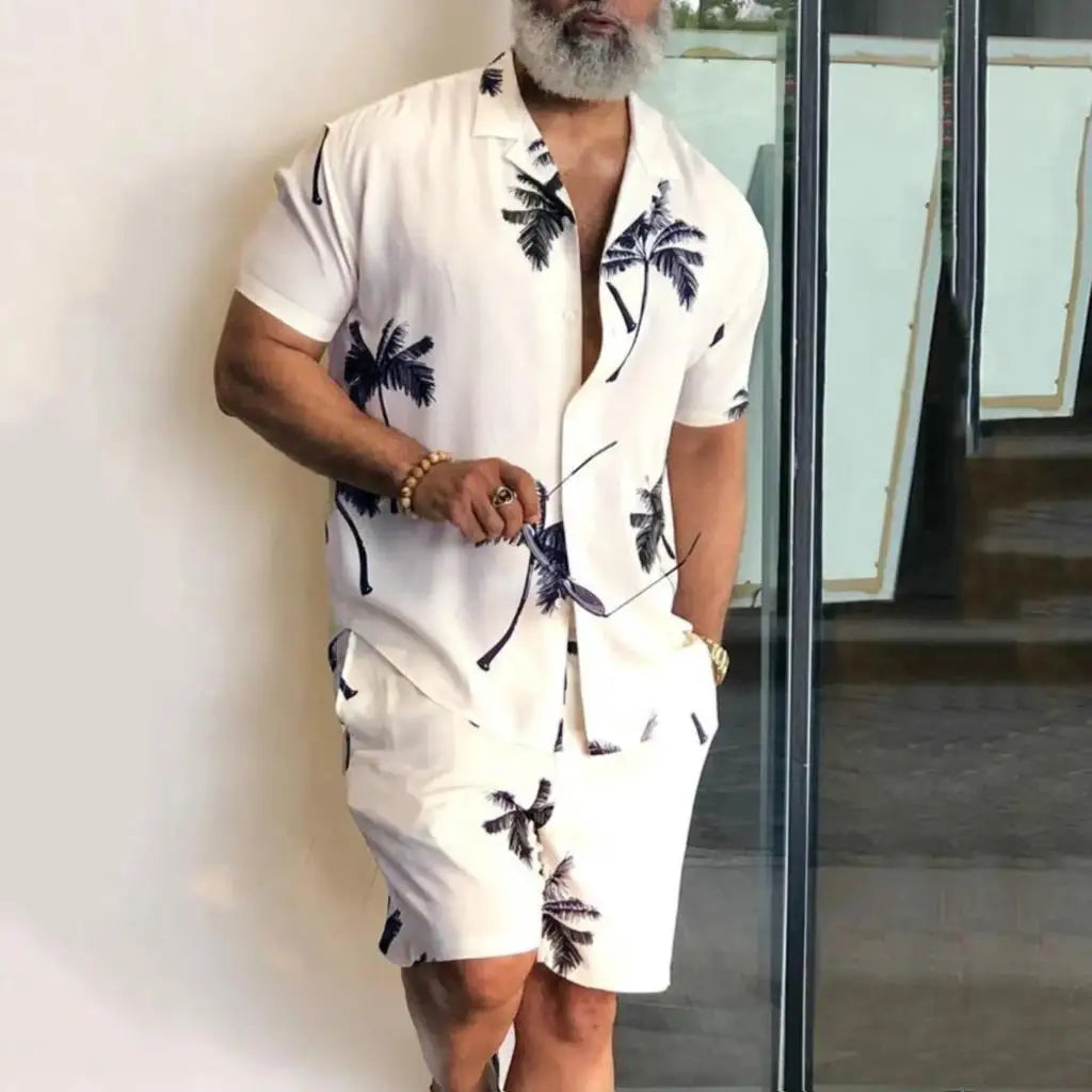 Conjunto Hawaiano 3D Árbol de Coco Hombre | Camisa y Pantalón Corto