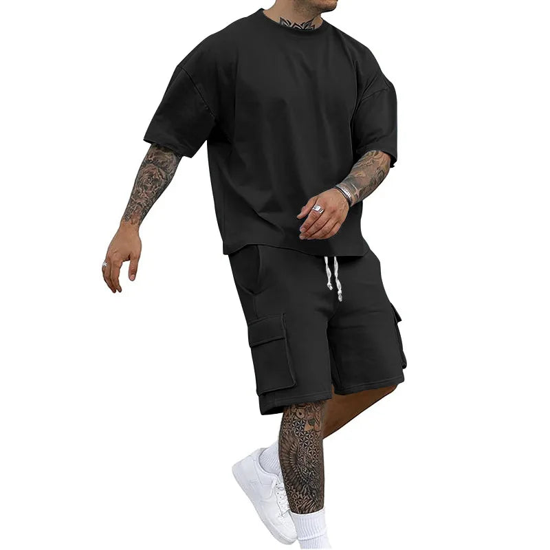 Nuevo estilo de verano, camiseta de moda y pantalones cortos de utilidad, conjunto de Color sólido, un traje informal y deportivo para hombre