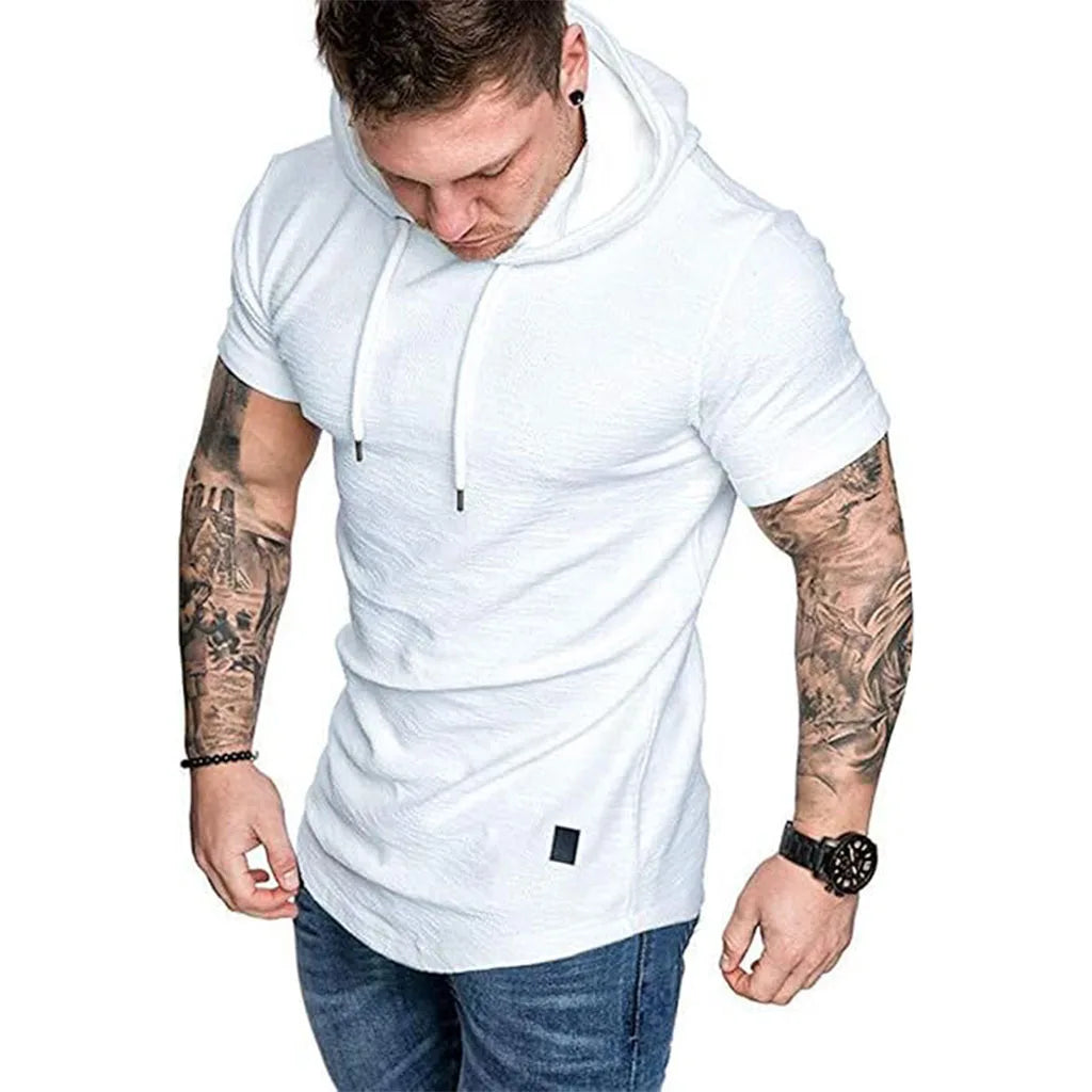 Camiseta de algodón para hombre, camisetas deportivas transpirables ajustadas de Color sólido con capucha de manga corta, camisetas informales ligeras para Fitness para hombre