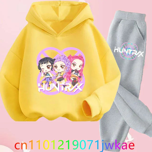 Conjuntos de sudaderas con capucha y pantalones de cazadores de demonios para adolescentes, Sudadera con capucha de película de Anime coreano para niños y niñas, trajes deportivos con capucha de manga larga a la moda